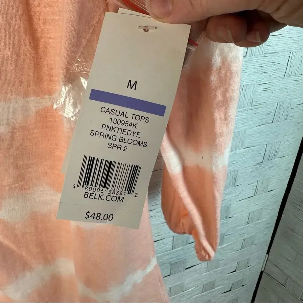 New Directions Womens Blouse Peach white tie-dye balloon sleeve bohemian hippie - Picture 6 of 10